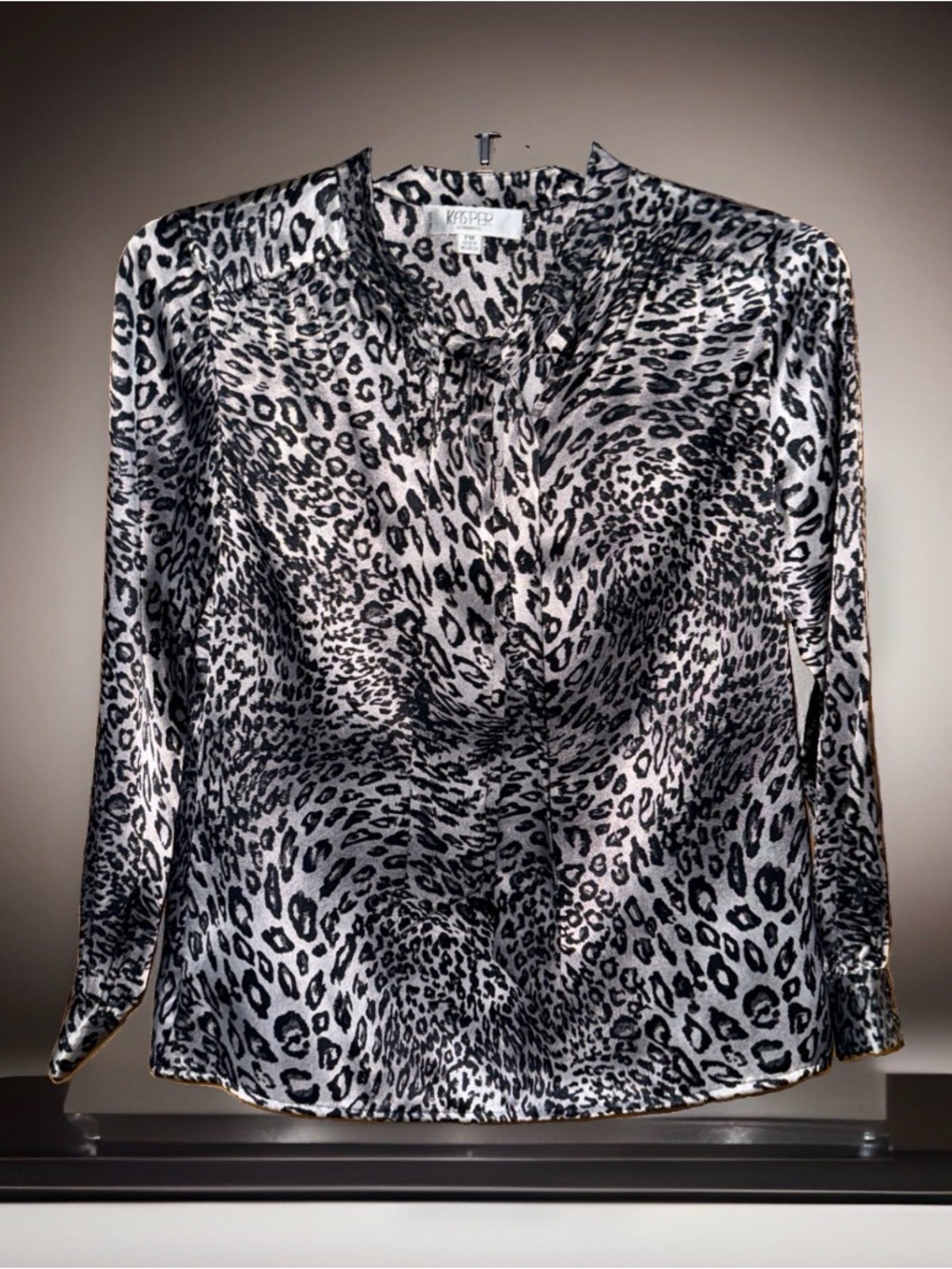 Kasper Black, Silver & White Leopard Print Long-Sleeve Blouse w/Tie Neck-PM-EC